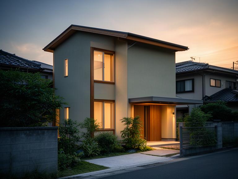 静岡県袋井市の住宅地に差し込む夕方の光と建物の外観
