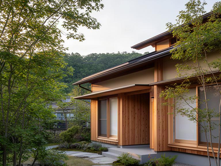 袋井市の緑豊かな敷地に建つ、木の質感を生かした現代住宅の外観