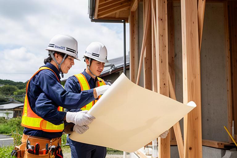 建築現場で図面を見ながら施工状況を確認する設計監理の打ち合わせ