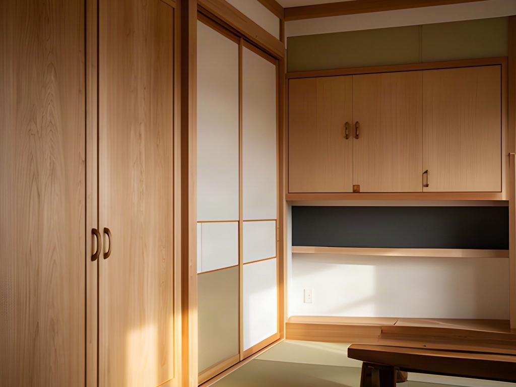 職人が制作した木製建具と造作家具のある静かな室内