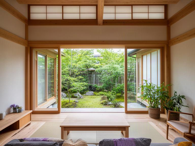 大きな窓から庭を望む静岡の木造住宅のリビング