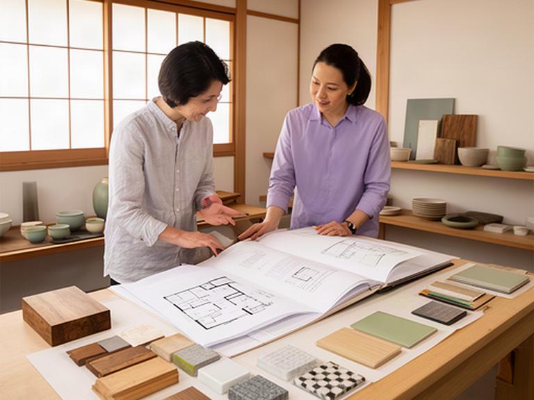 静岡県袋井市のアトリエで図面と素材を囲み相談する建築設計の打ち合わせ