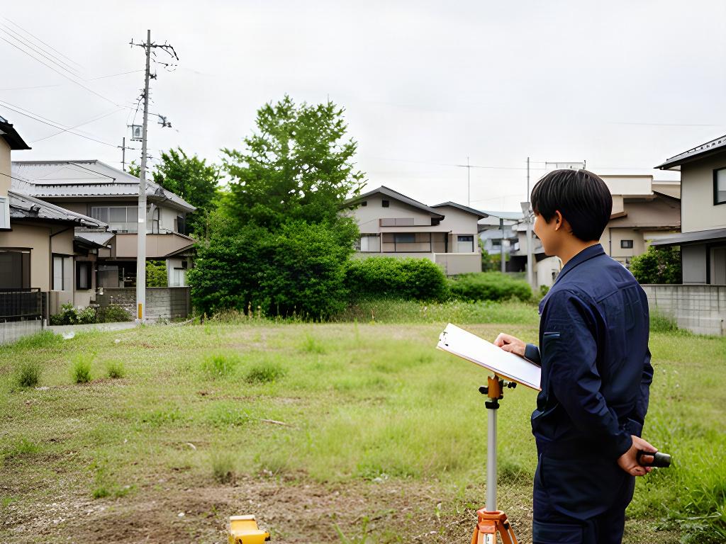 敷地調査で周辺の道路と建物の位置を確認する建築設計者