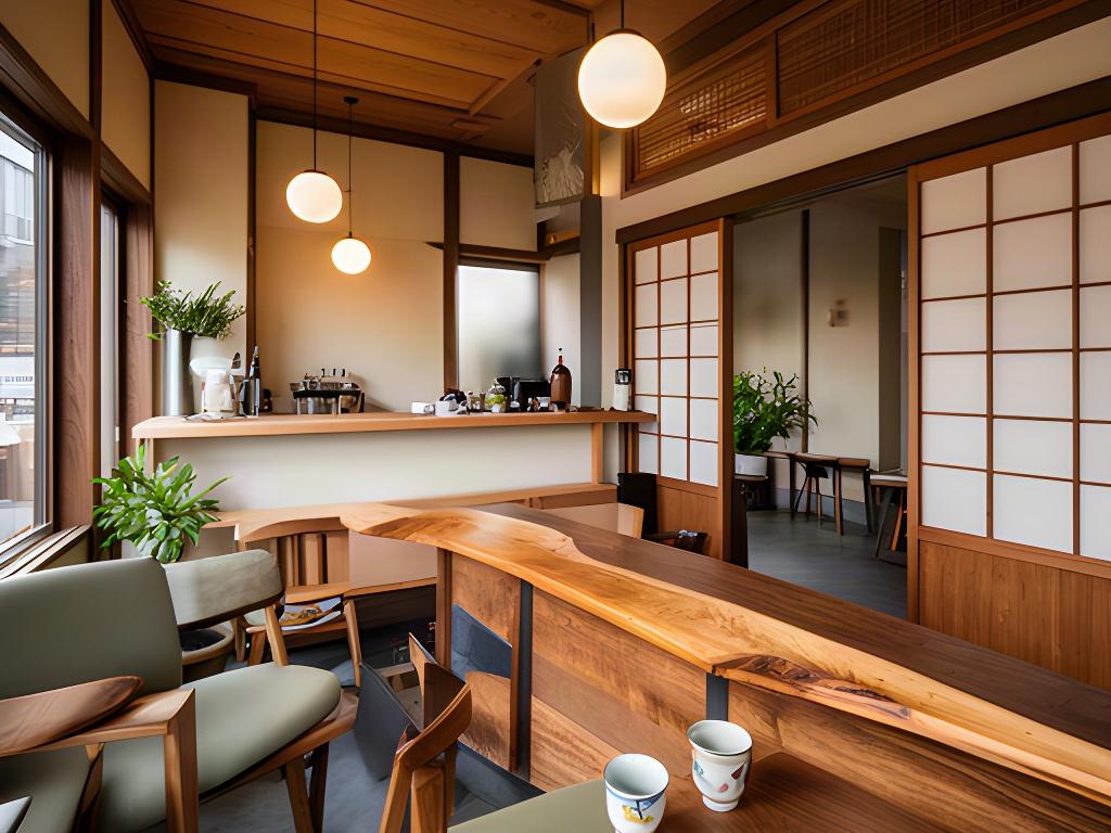 地域の木材を使ったカフェの内装、カウンターと柔らかな照明
