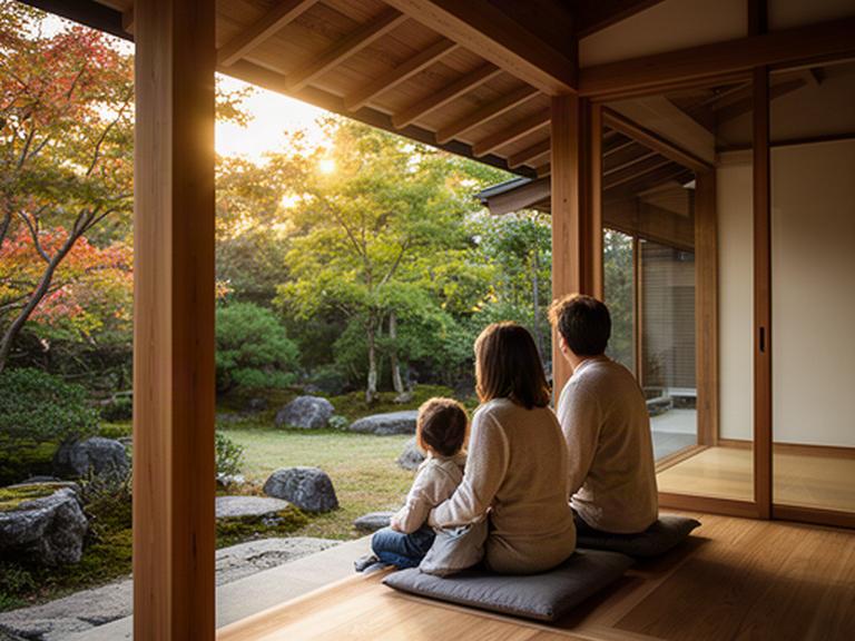完成した木造住宅の縁側で家族が庭を眺めている様子