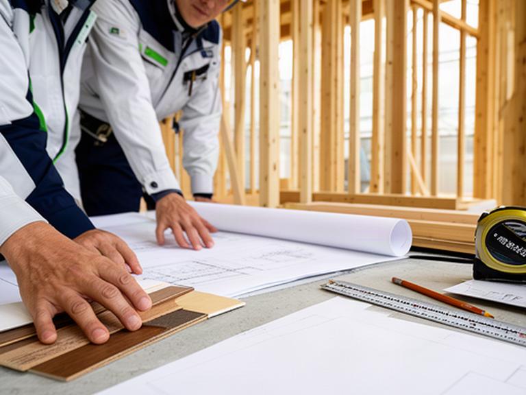 建築現場で図面を確認する設計者と職人の手元