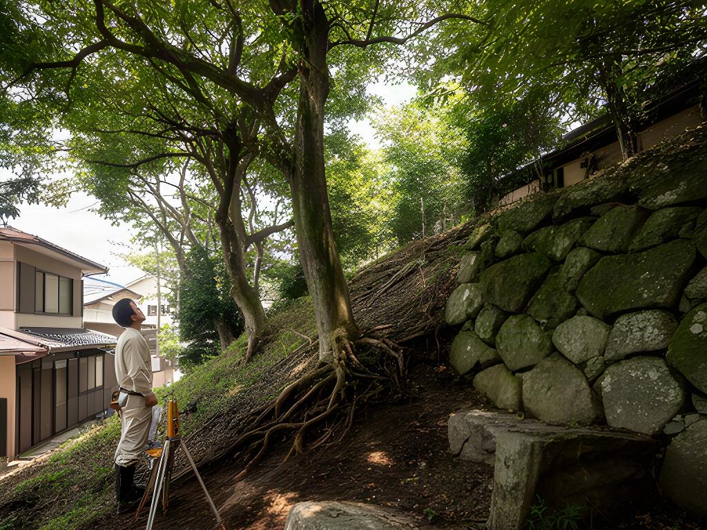 袋井の丘に残る樹木と古い石垣を見ながら敷地を調査する様子