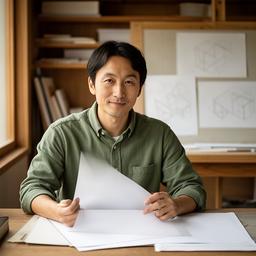 袋井のアトリエで図面を確認する主宰建築家