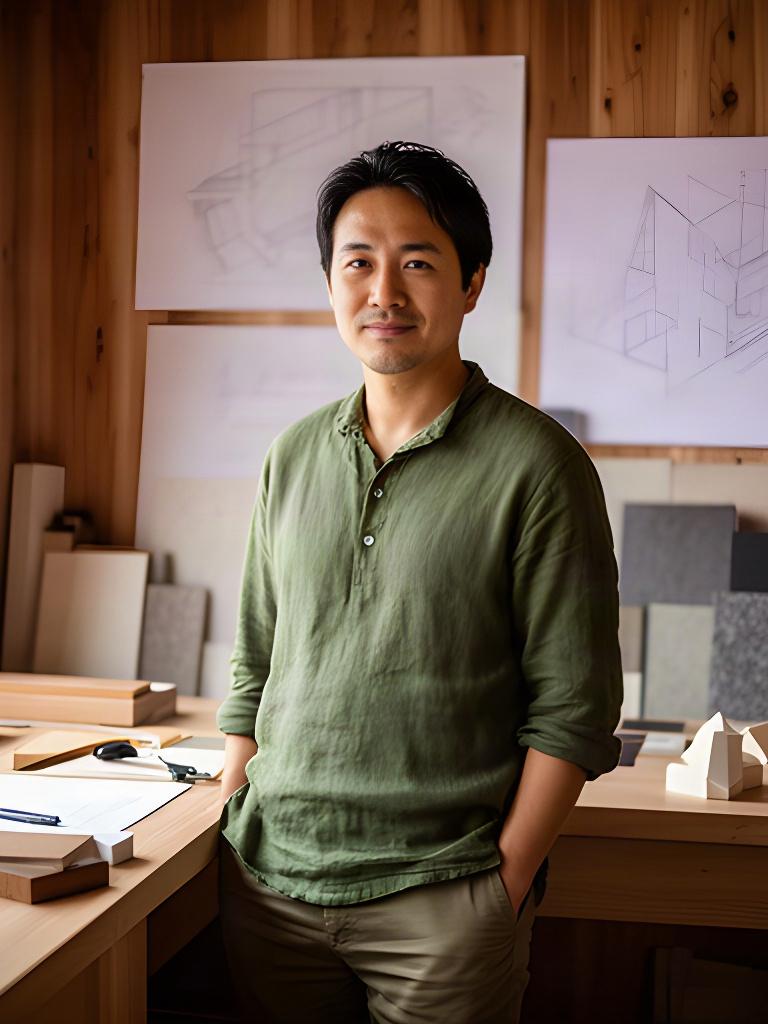 木の机と図面を背にした主宰建築家のポートレート