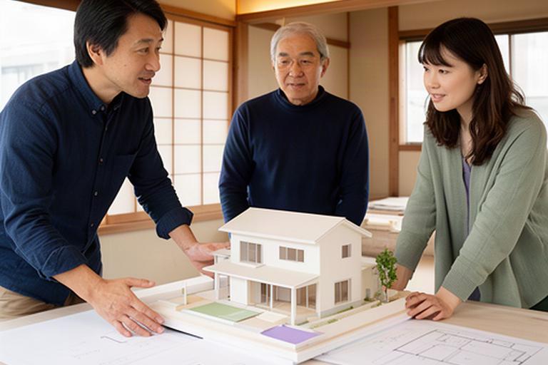 設計室で建築図面を囲み協力会社と打ち合わせをする場面