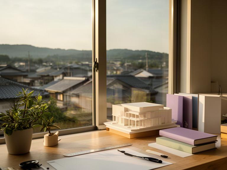 設計事務所の窓辺から袋井の街並みを眺める落ち着いた作業空間