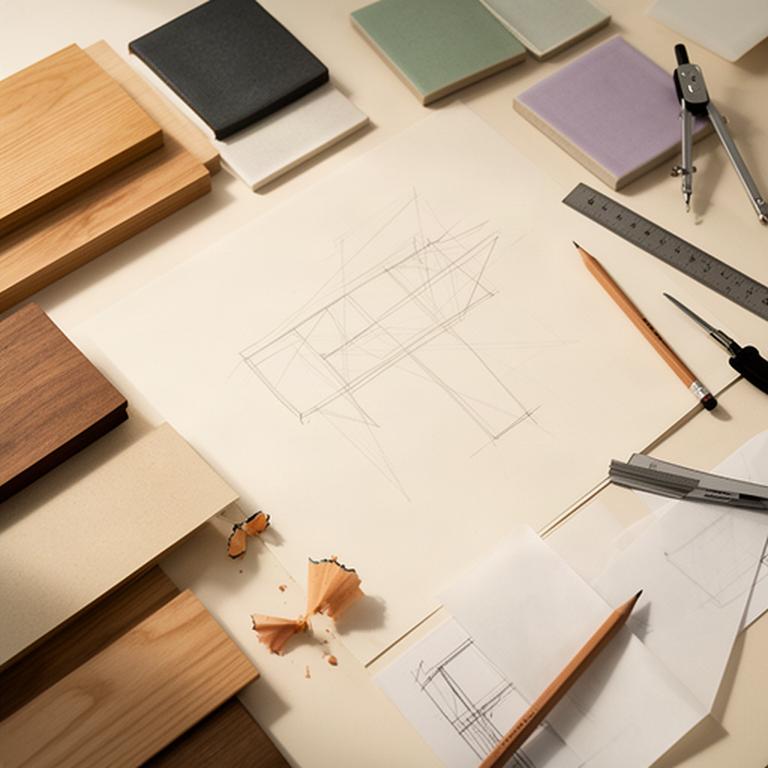 木材サンプルと手描きの平面図が並ぶ静かな建築設計アトリエの机