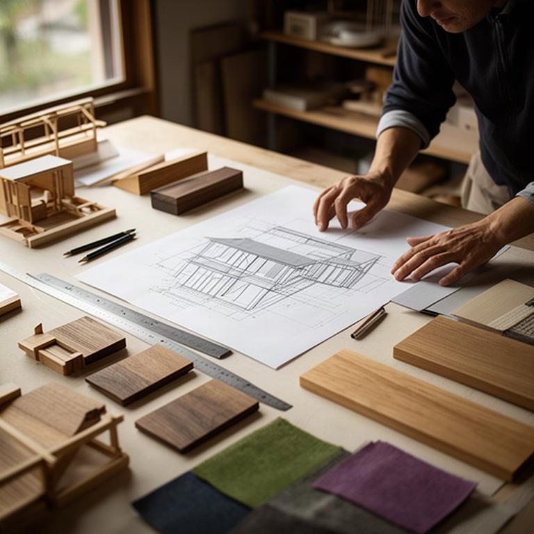 設計者が木造住宅の造作図面と木材のサンプルをアトリエで確認している様子